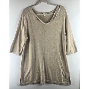 J. Jill Large Linen Blend V-Neck Tan Tunic Top Blouse Shirt 3/4 Sleeve Neutral